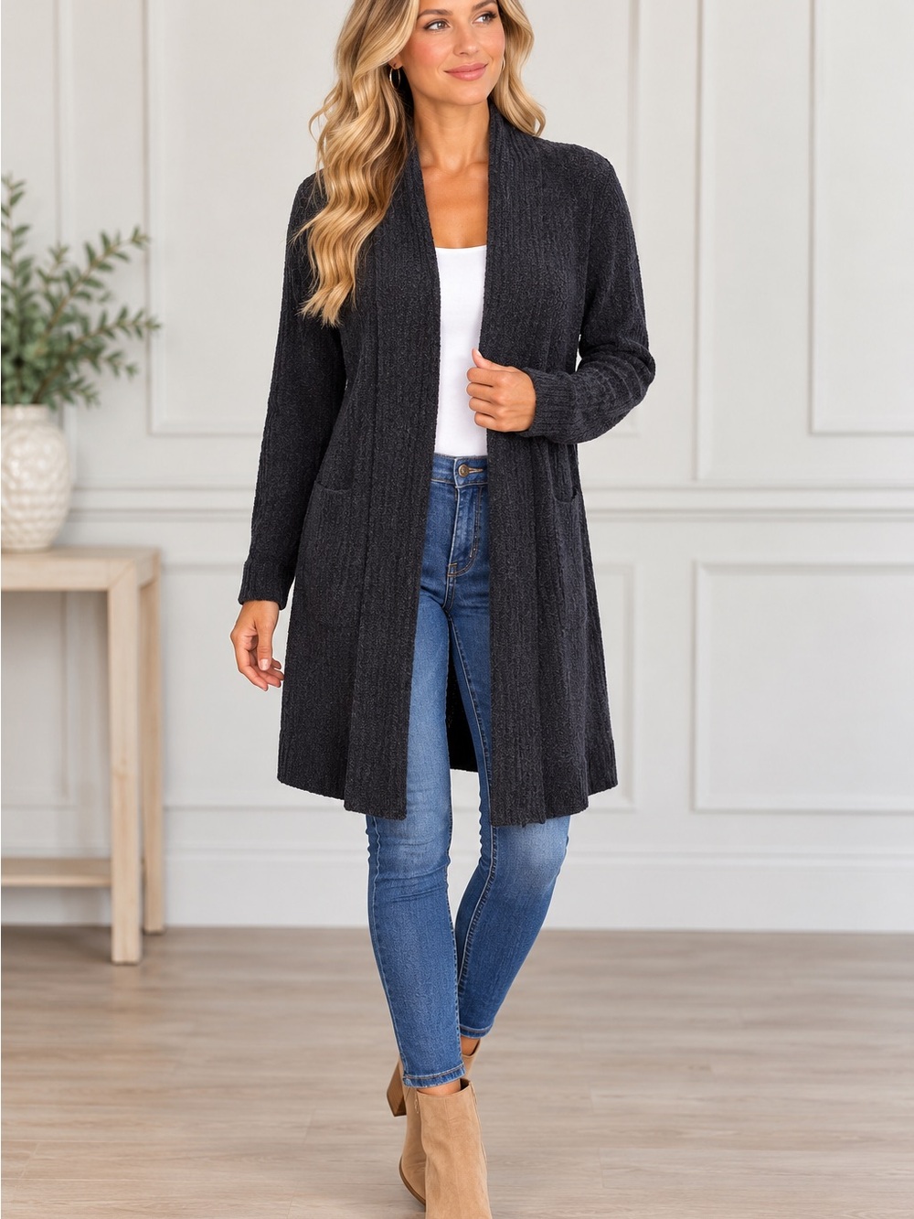 Barefoot Dreams Black Open-Front Long Cardigan